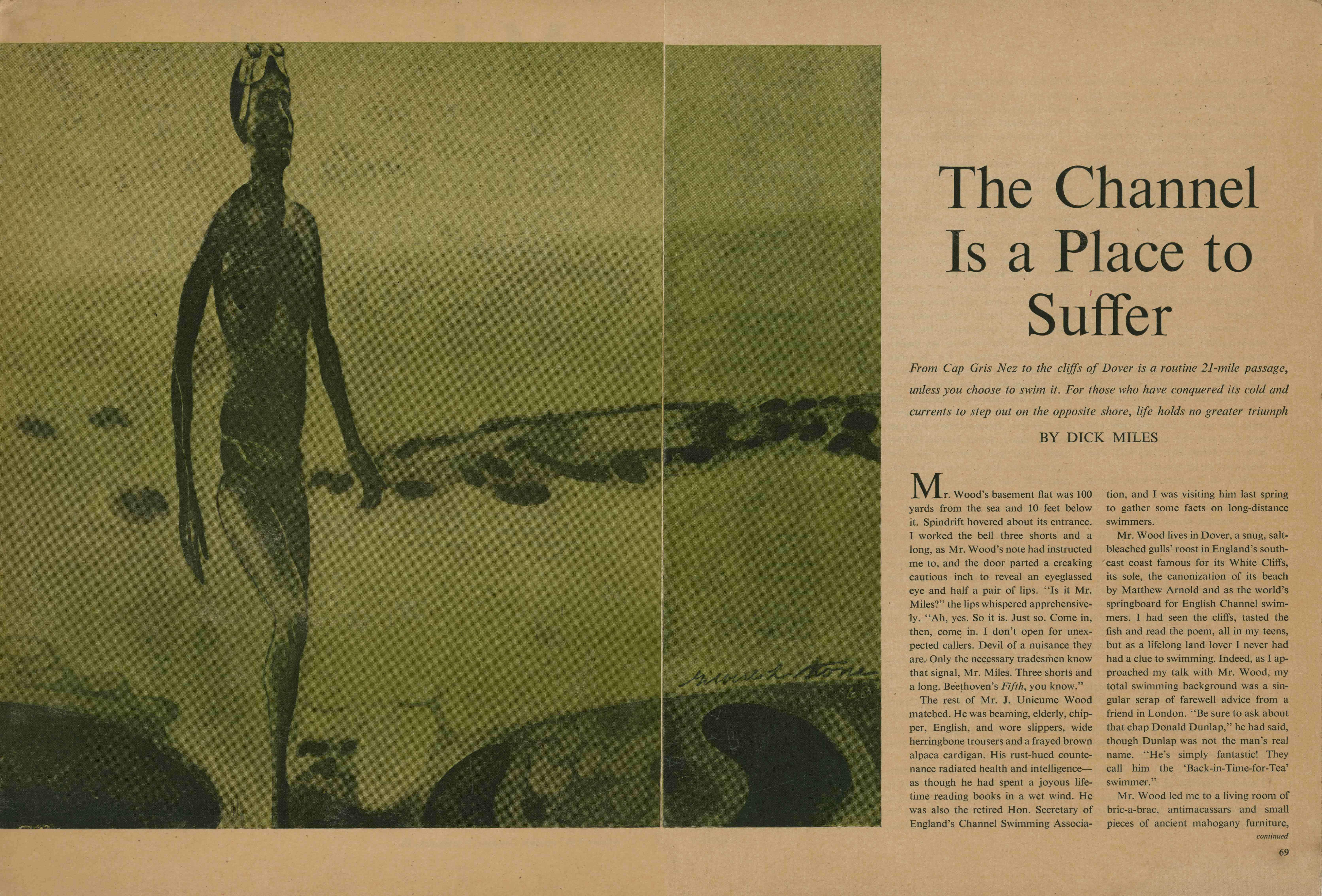 Elongated figure in swimsuit and goggles walking across beach rocks